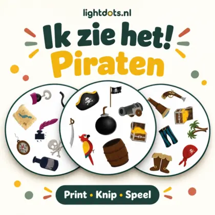 Ik zie het! Piraten: ronde zoekkaarten met piratenillustraties om te printen, knippen en spelen.