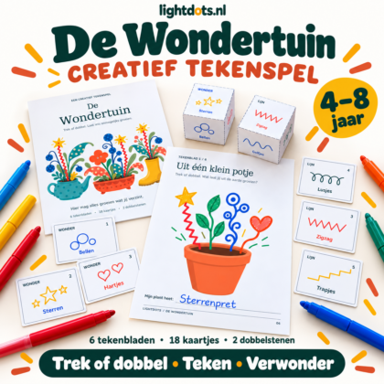 De Wondertuin – creatief tekenspel met tekenbladen, kaartjes en twee dobbelstenen voor kinderen van 4 tot 8 jaar